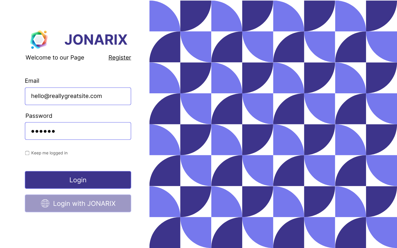 Jonarix login screen — clean form on the left with an indigo quarter-circle geometric hero on the right