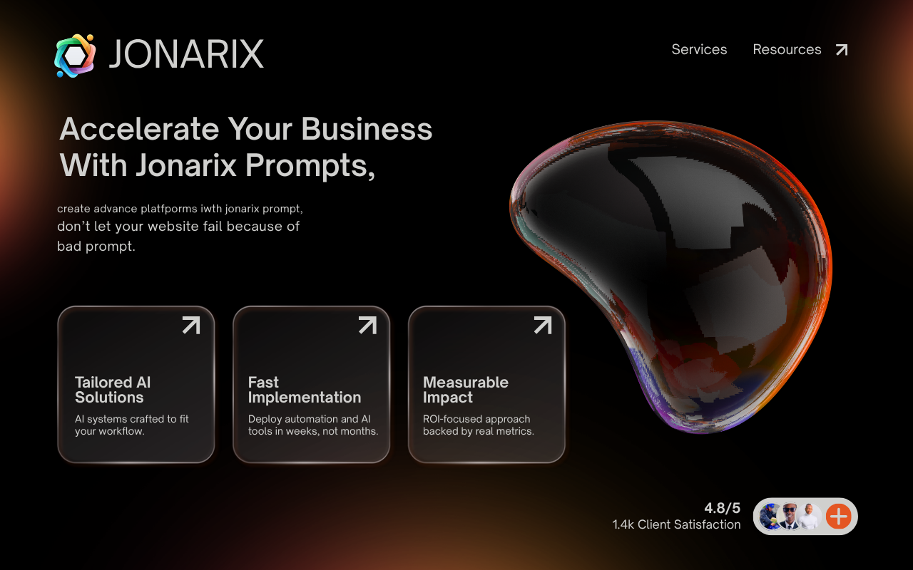 Jonarix landing page — dark hero with iridescent liquid blob and three value-prop cards
