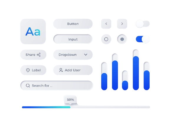 Neumorphic UX UI elements — soft extruded controls (transparent)