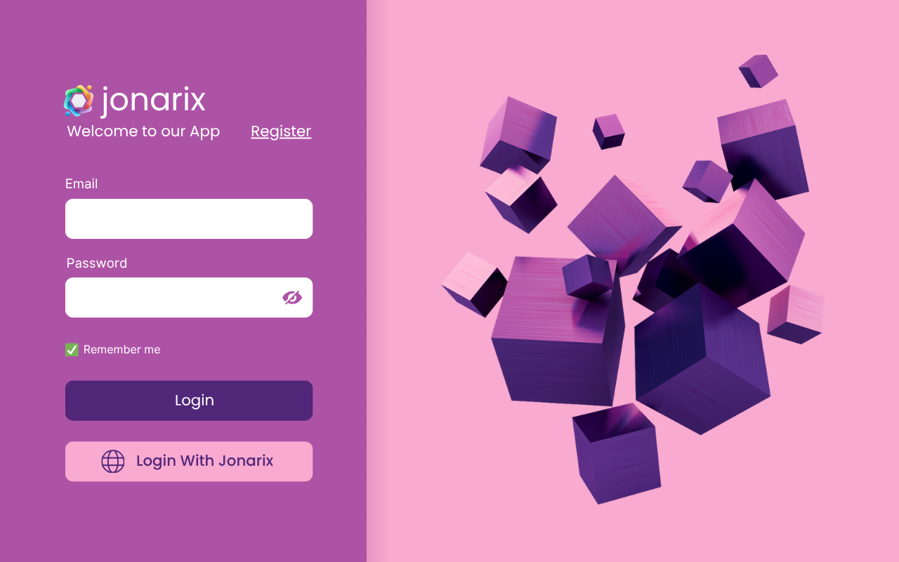 Jonarix login screen — split layout with form panel and floating 3D cube hero